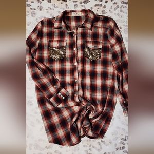 Gold Sequined, Plaid Button-down